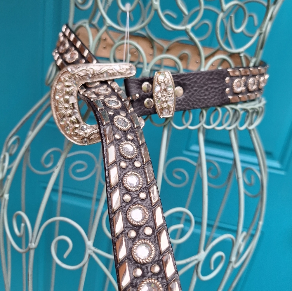 Studded Leather Belt Metal Rivets Silver Crystal Studs Womens italian Western